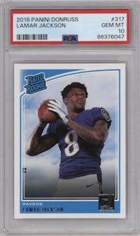 Lamar Jackson from the 2018 Panini Donruss set graded by PSA and given an overall grade of 10.