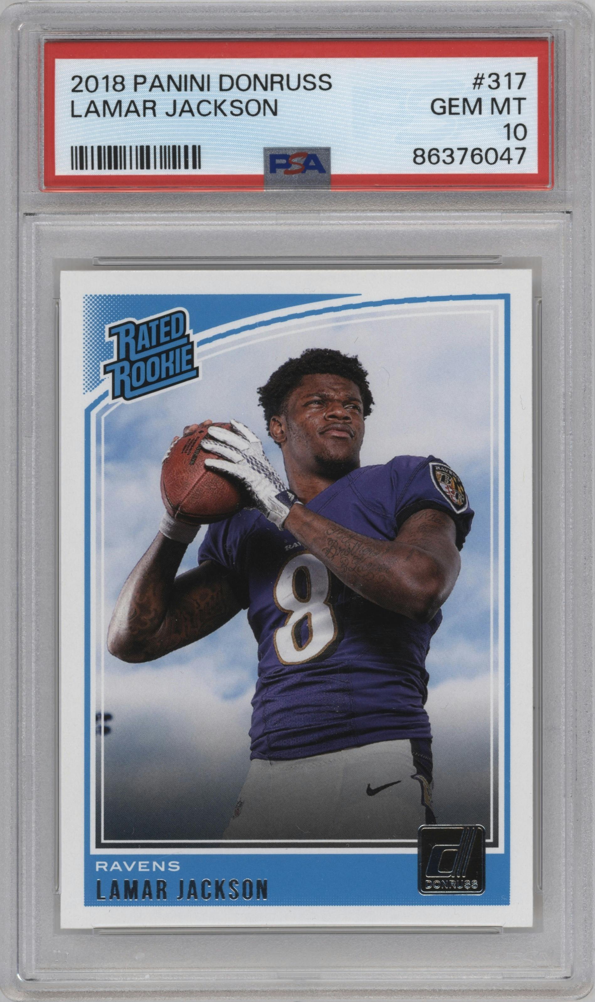 Lamar Jackson from the 2018 Panini Donruss set graded by PSA and given an overall grade of 10.