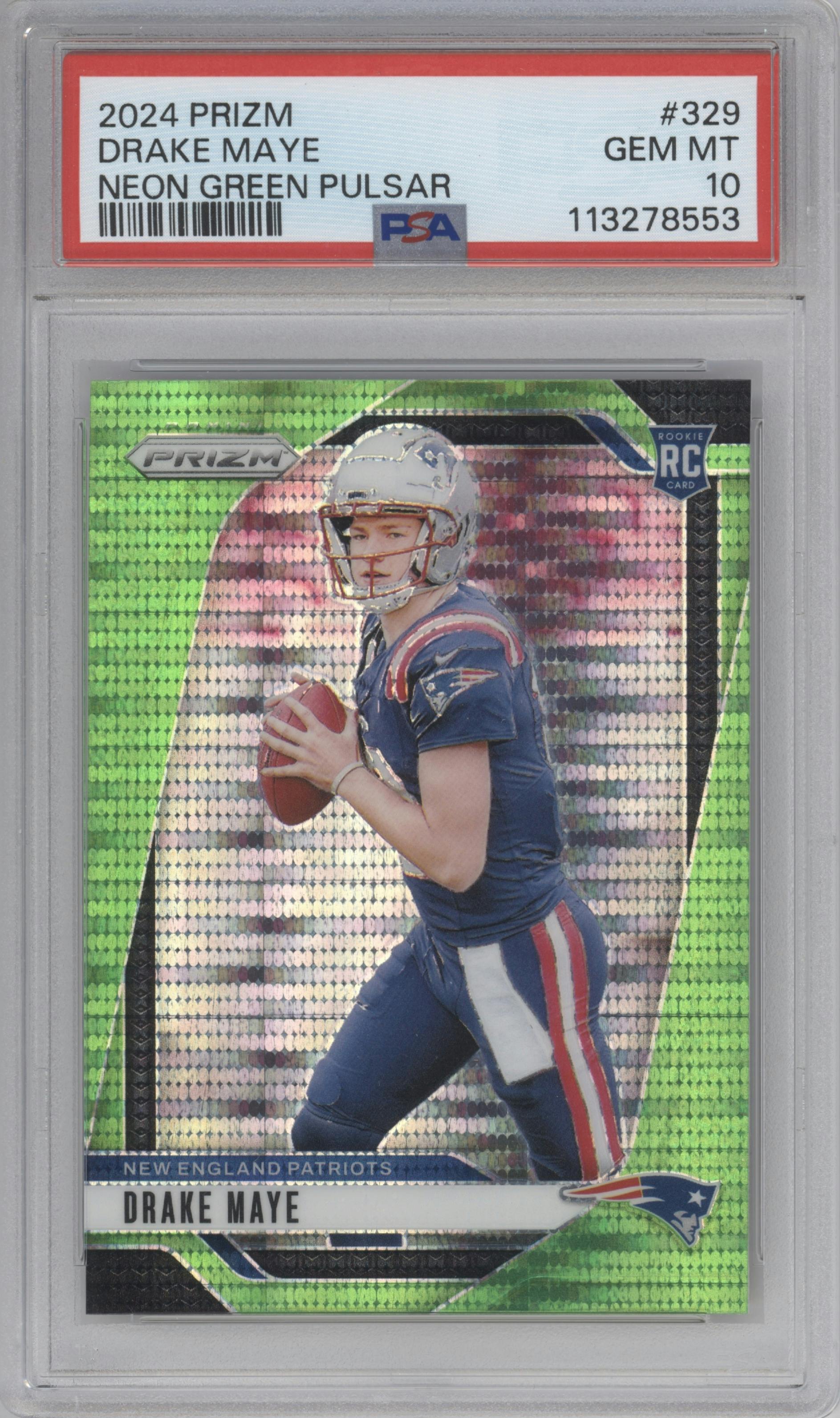 Drake Maye from the 2024 Panini Prizm set featuring a Neon Green Pulsar  parallel graded by PSA and given an overall grade of 10.