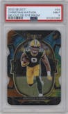 Christian Watson from the 2022 Panini Select set featuring a Die-Cut Tie-Dye parallel graded by PSA and given an overall grade of 9.