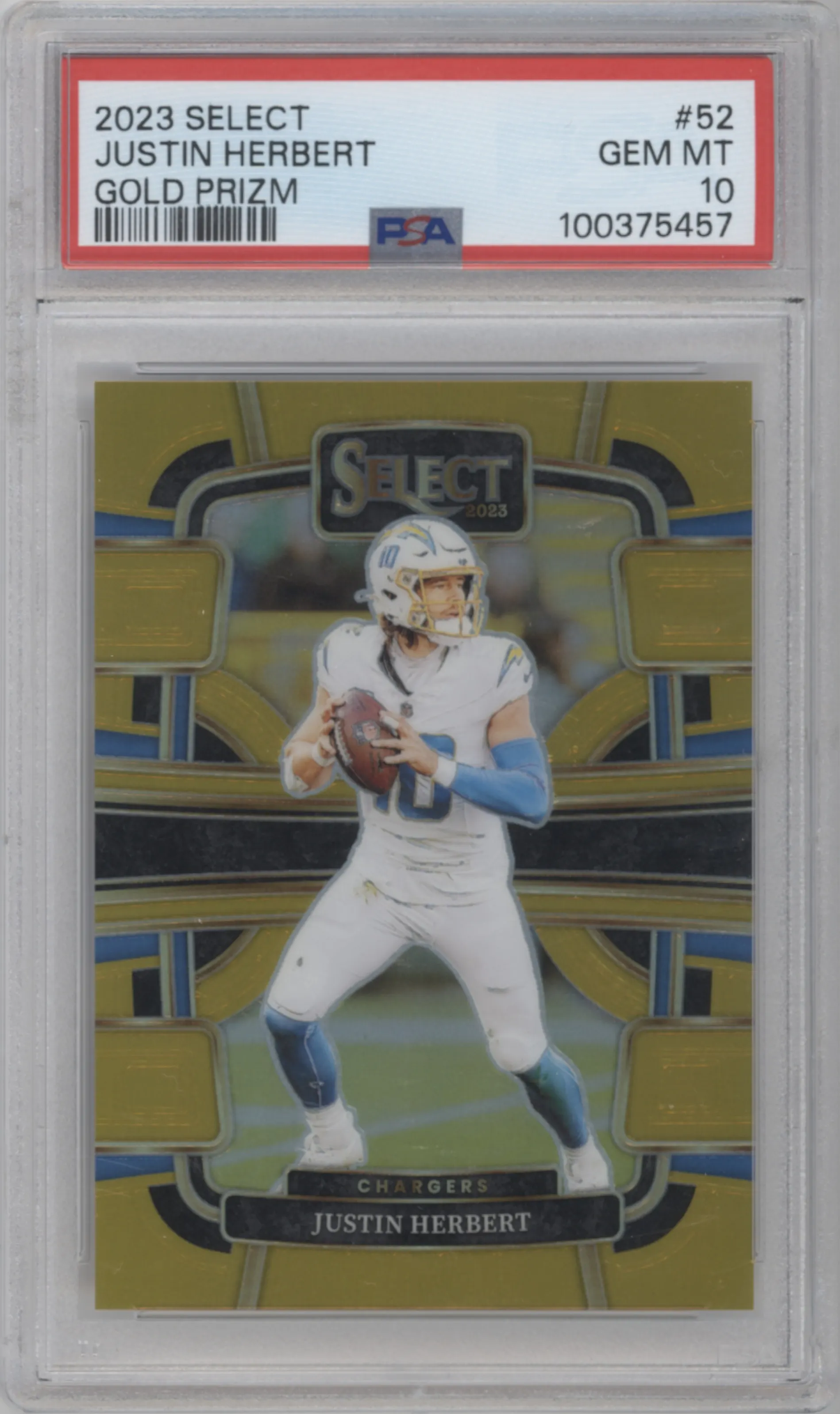 2023 Panini Select Justin Herbert Gold Prizm #52 PSA 10