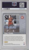 Trae Young from the 2020-21 Panini NBA Hoops set featuring a Purple Explosion parallel graded by PSA and given an overall grade of 9.