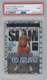 Trae Young from the 2020-21 Panini NBA Hoops set featuring a Purple Explosion parallel graded by PSA and given an overall grade of 9.