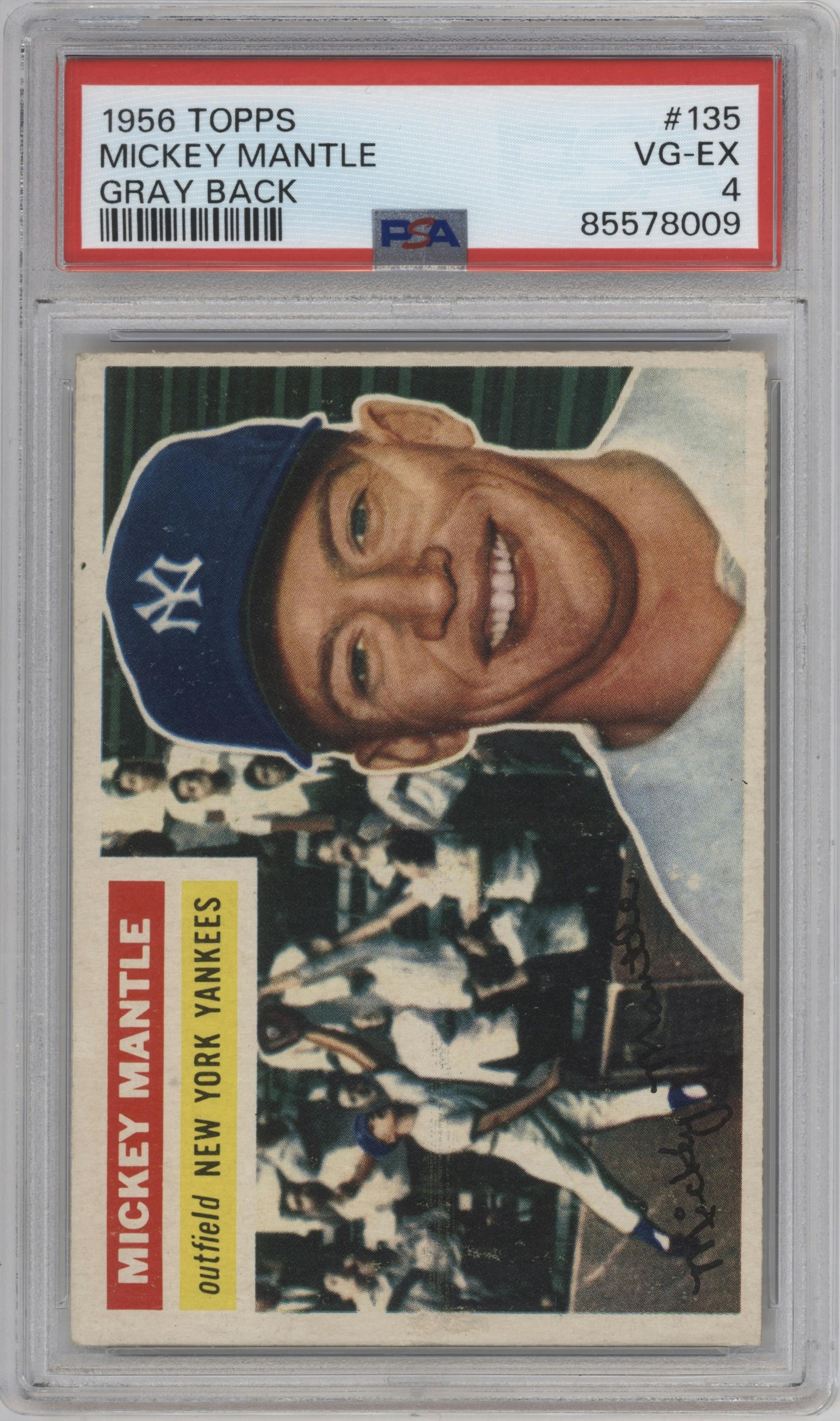 Mickey Mantle from the 1956 Topps set graded by PSA and given an overall grade of 4.