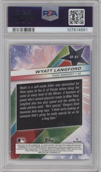 Wyatt Langford from the 2024 Topps Cosmic Chrome set featuring a Orange Galactic Refractor parallel graded by PSA and given an overall grade of 10.