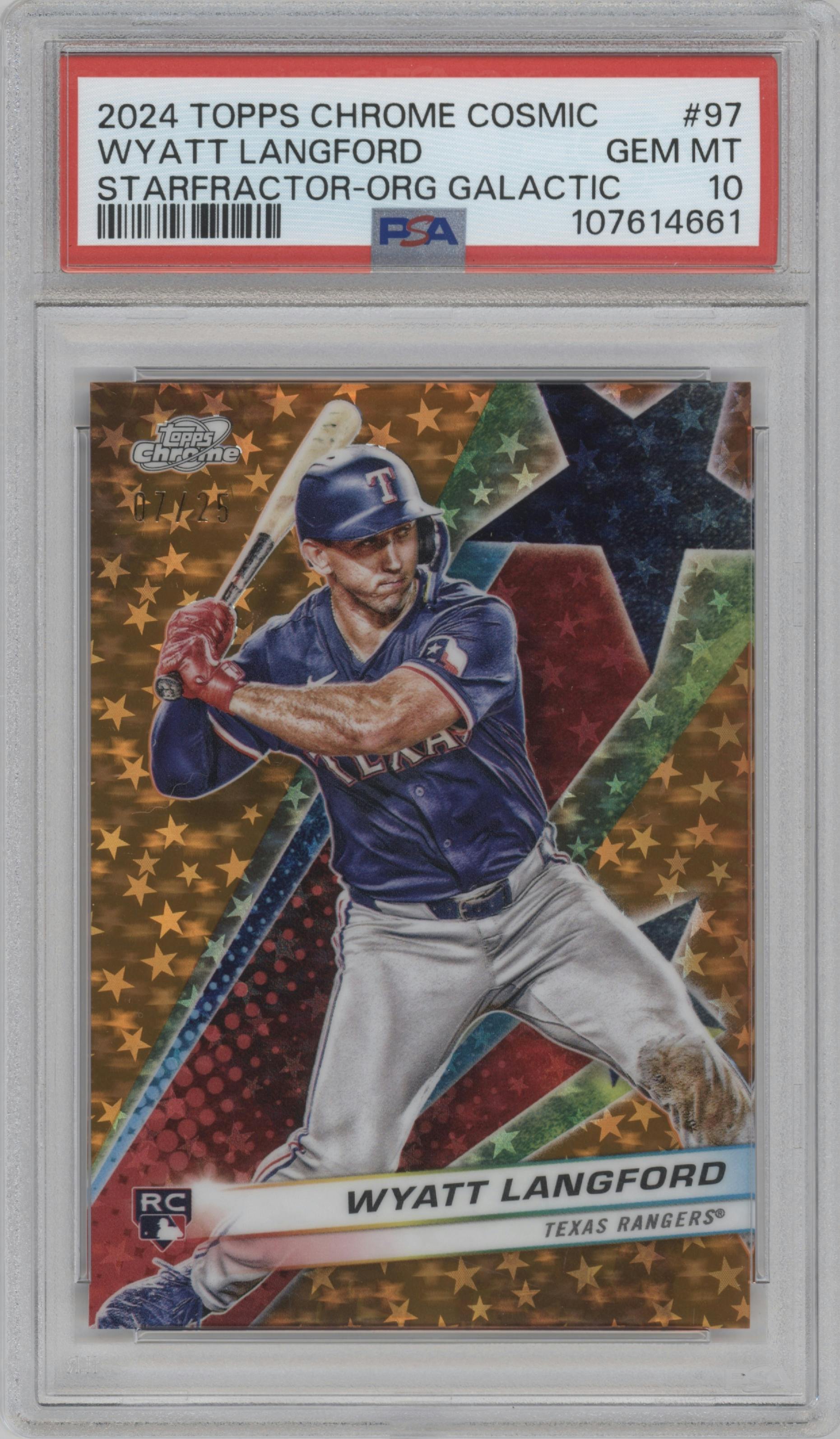 Wyatt Langford from the 2024 Topps Cosmic Chrome set featuring a Orange Galactic Refractor parallel graded by PSA and given an overall grade of 10.