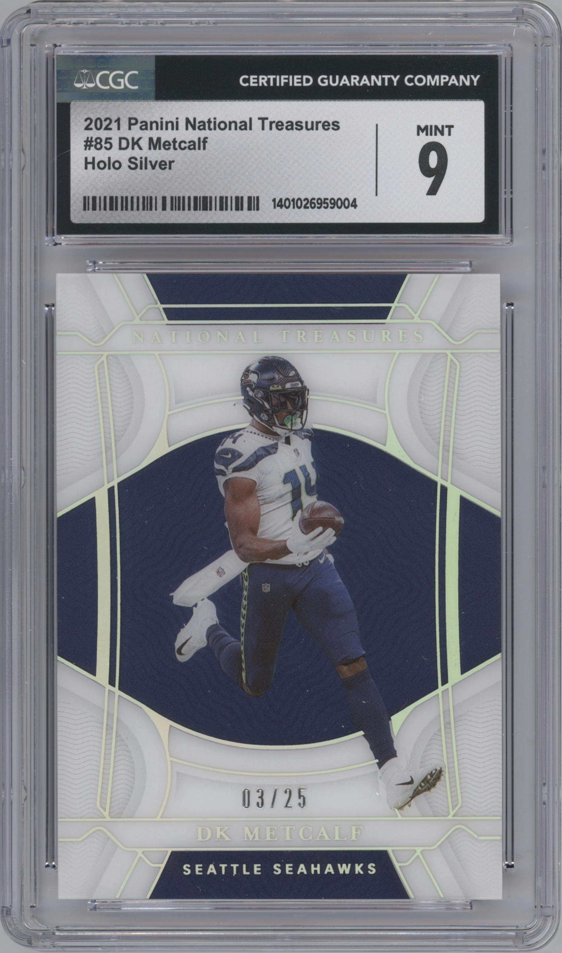 DK Metcalf from the 2021 Panini National Treasures set featuring a Holo Silver parallel graded by CSG and given an overall grade of 9.