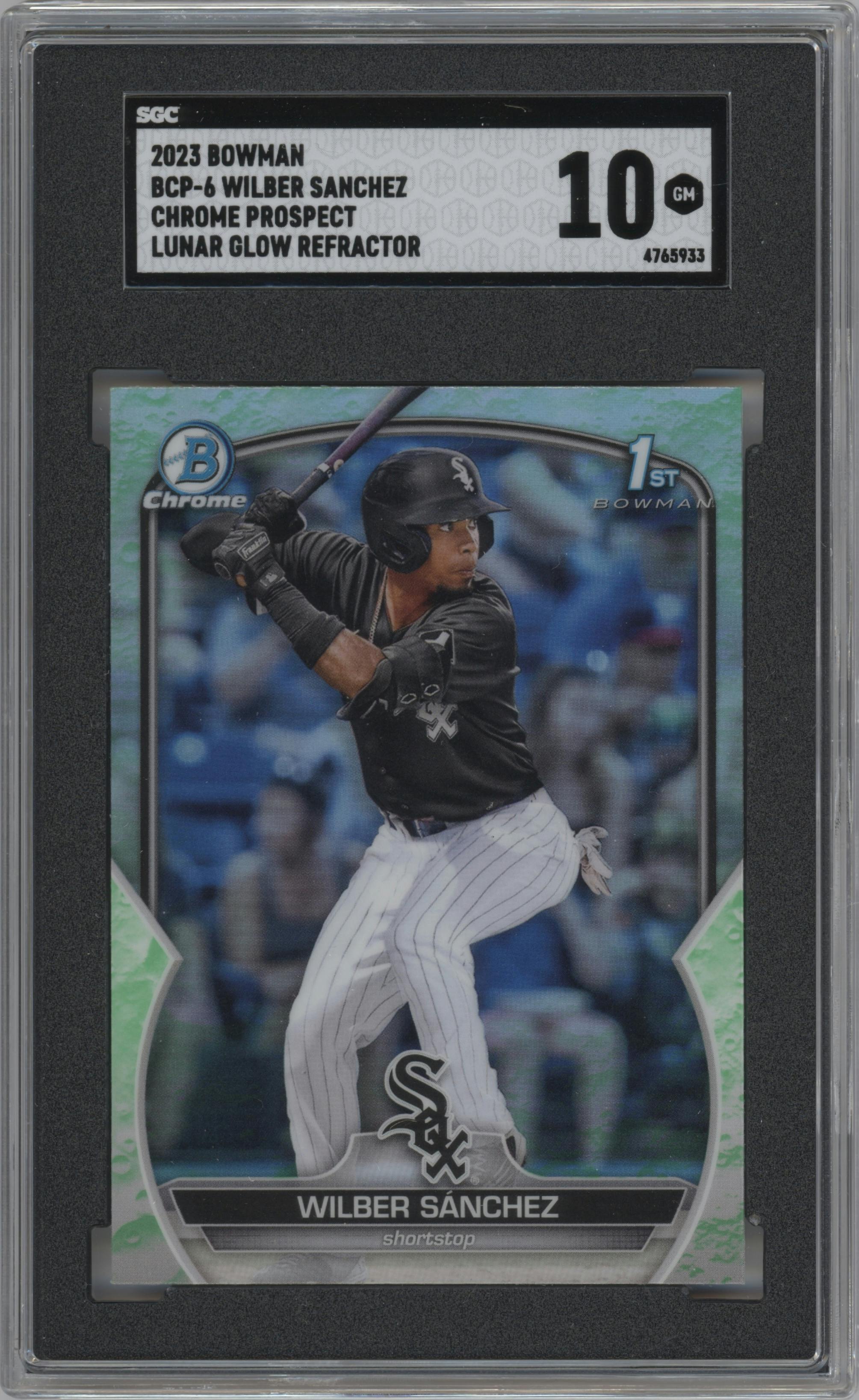 Wilber Sanchez from the 2023 Bowman  set featuring a Lunar Glow Refractor  parallel graded by SGC and given an overall grade of 10.