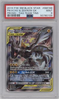 Pikachu/Zekrom GX from the 2019 Pokemon S&M  set featuring a Tag Team Tins parallel graded by PSA and given an overall grade of 9.