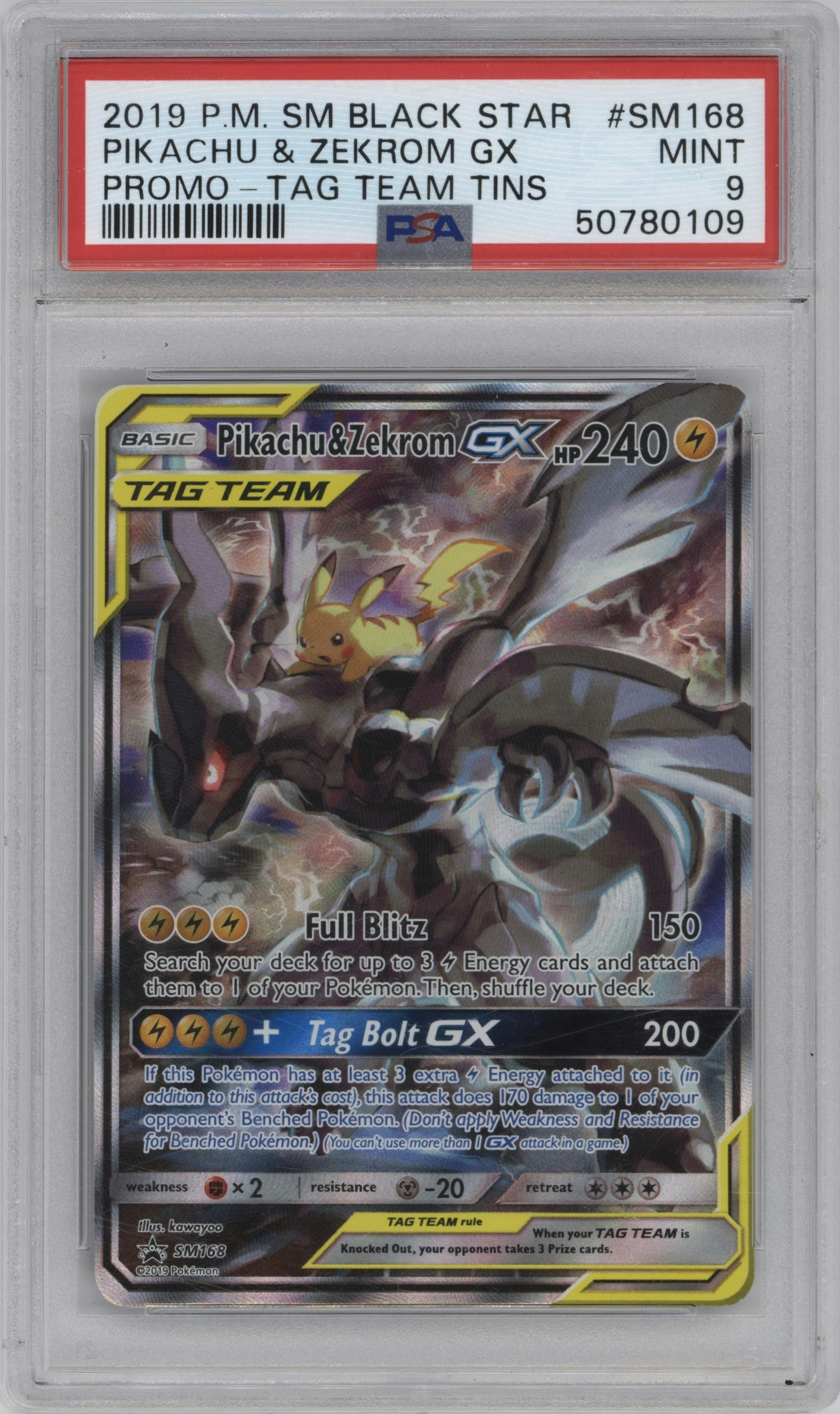 Pikachu/Zekrom GX from the 2019 Pokemon S&M  set featuring a Tag Team Tins parallel graded by PSA and given an overall grade of 9.