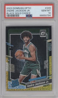Andre Jackson Jr. from the 2023-24 Donruss Optic set featuring a Choice Black Gold parallel graded by PSA and given an overall grade of 10.