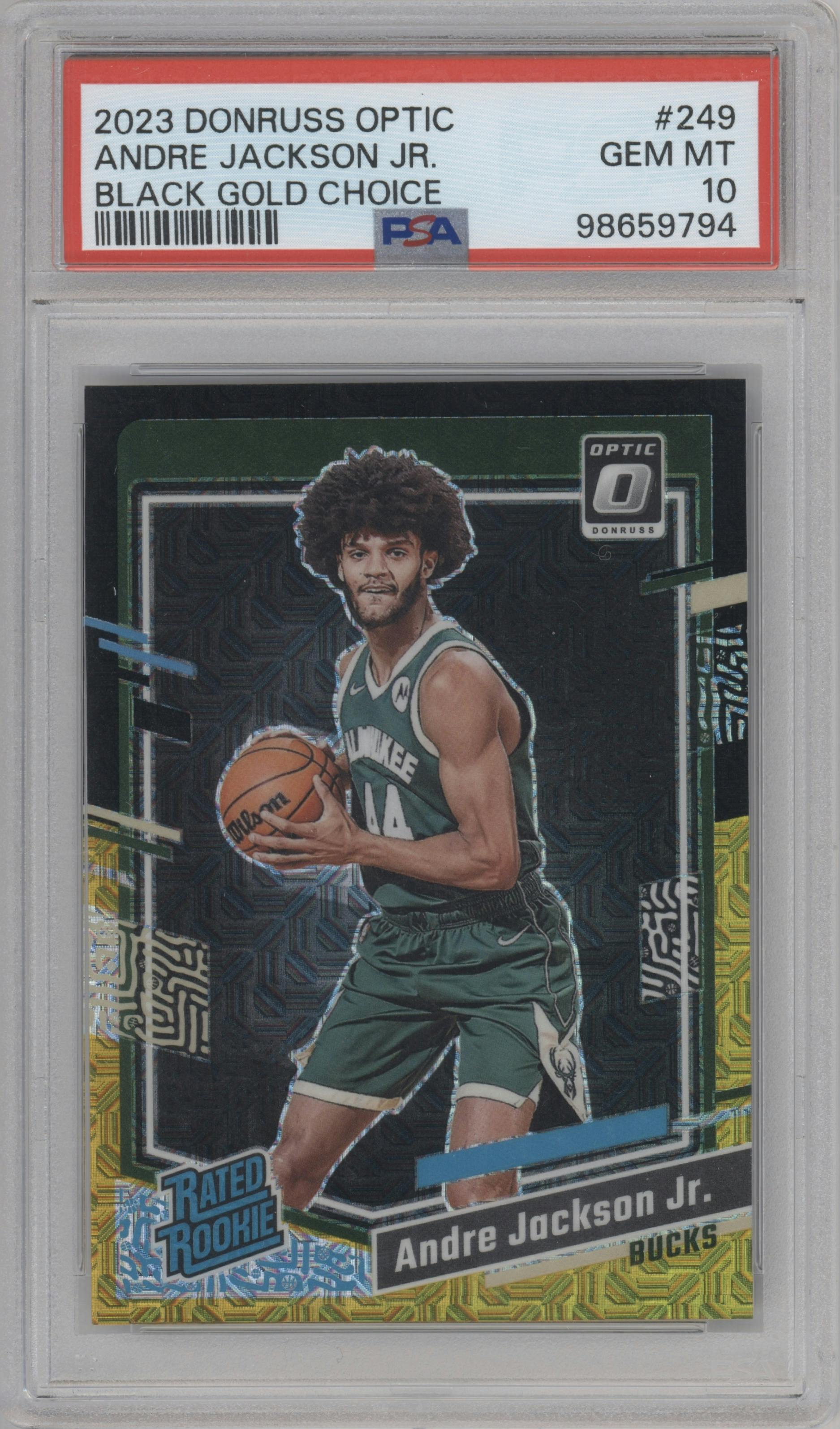 Andre Jackson Jr. from the 2023-24 Donruss Optic set featuring a Choice Black Gold parallel graded by PSA and given an overall grade of 10.