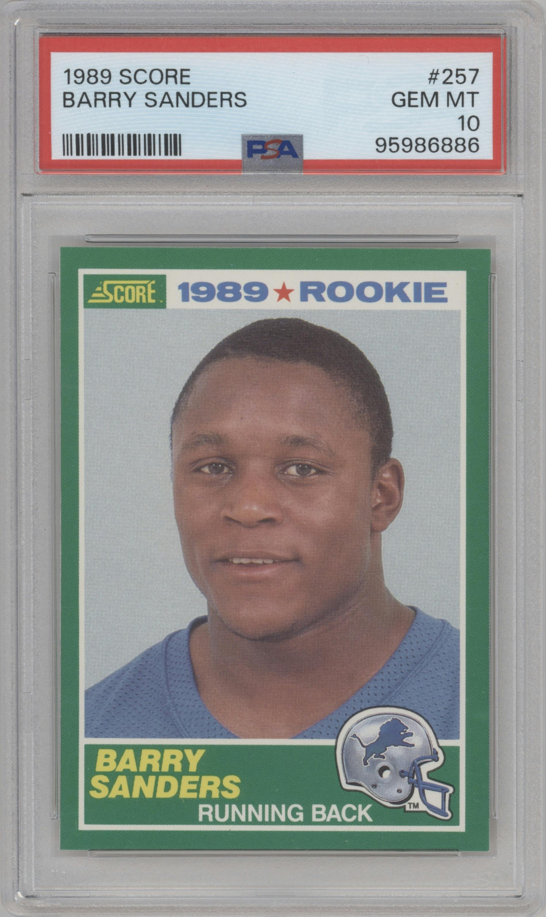 Barry Sanders from the 1989 Score set graded by PSA and given an overall grade of 10.