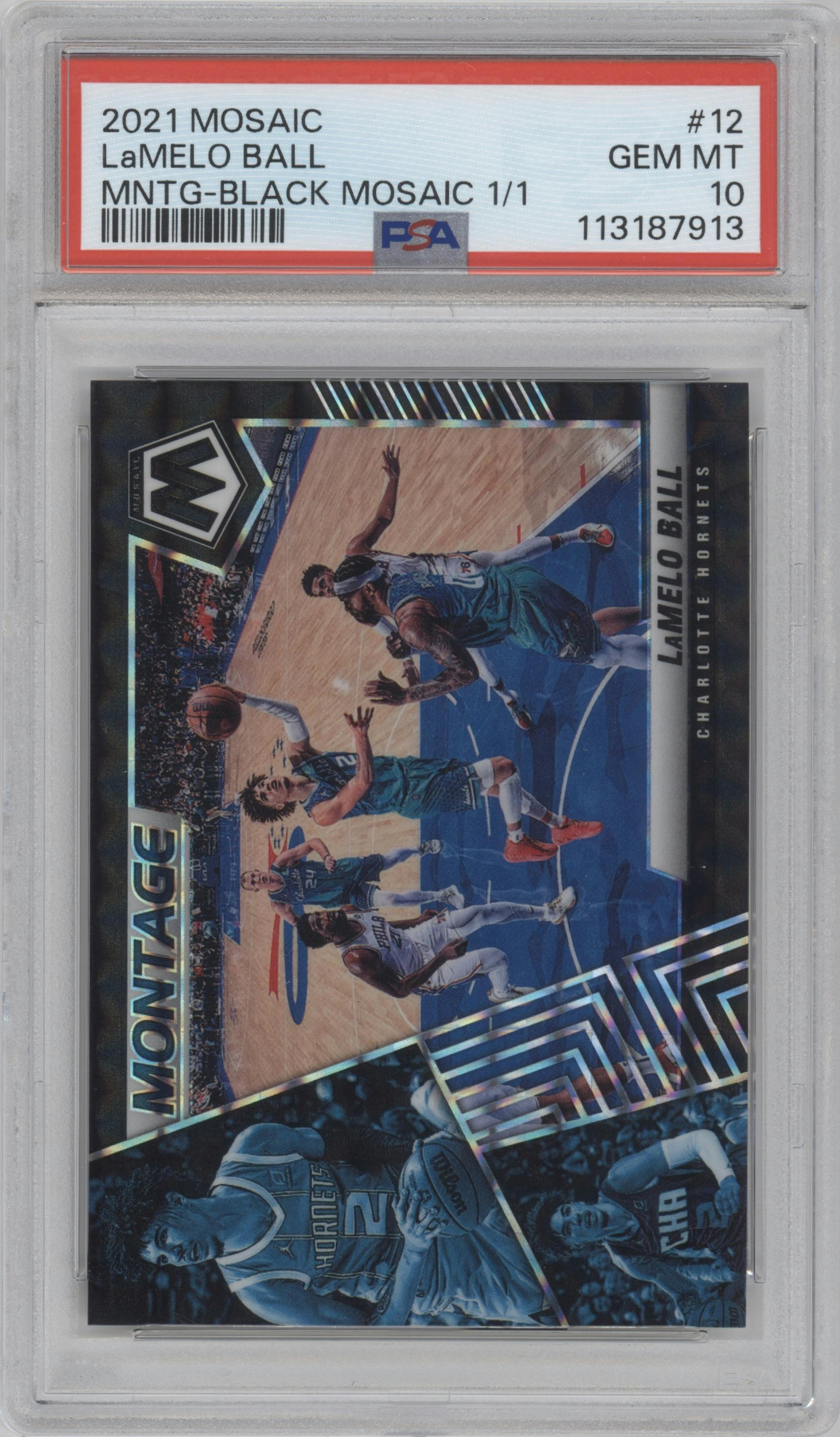 LaMelo Ball from the 2021-22 Panini Mosaic  set featuring a Black Mosaic parallel graded by PSA and given an overall grade of 10.
