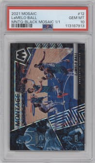 LaMelo Ball from the 2021-22 Panini Mosaic set featuring a Black Mosaic parallel graded by PSA and given an overall grade of 10.