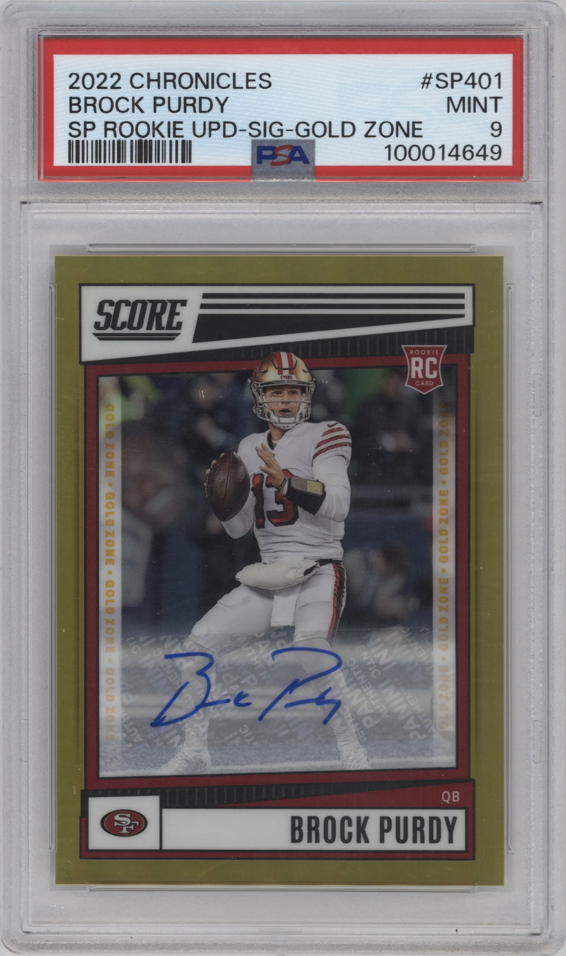 2022 Panini Chronicles Score Prm.Rke.Sig. Brock Purdy Gold Zone #SP-401 PSA 9