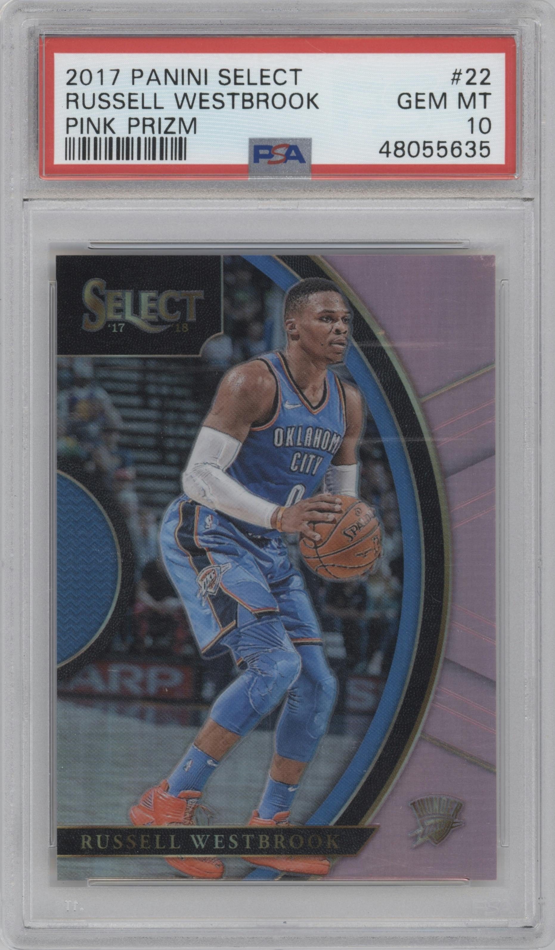 Russell Westbrook from the 2017-18 Panini Select set featuring a Pink parallel graded by PSA and given an overall grade of 10.