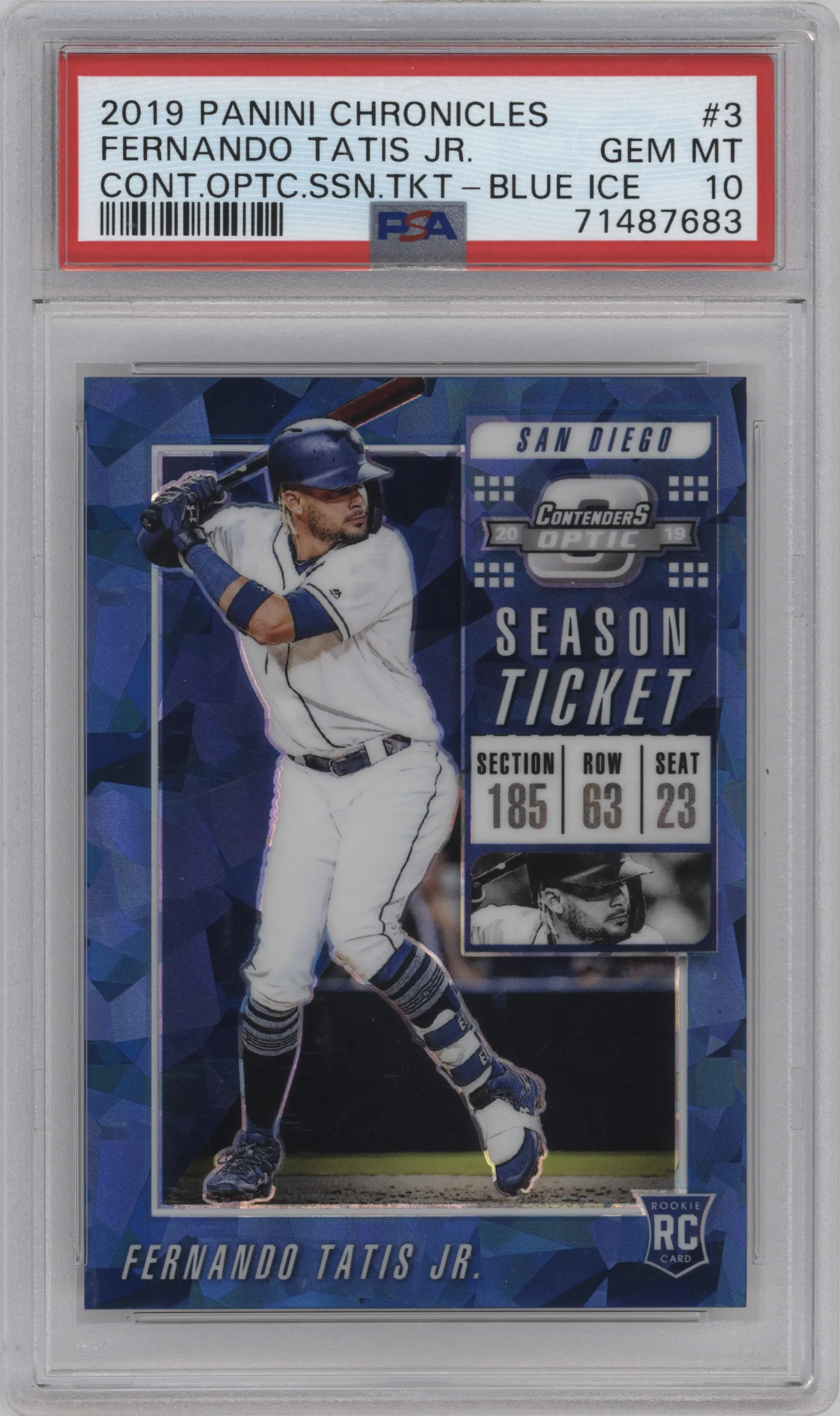 2019 Panini Chronicles Cont.Optic Season Tkt. Fernando Tatis Jr. Blue Ice #3 PSA 10