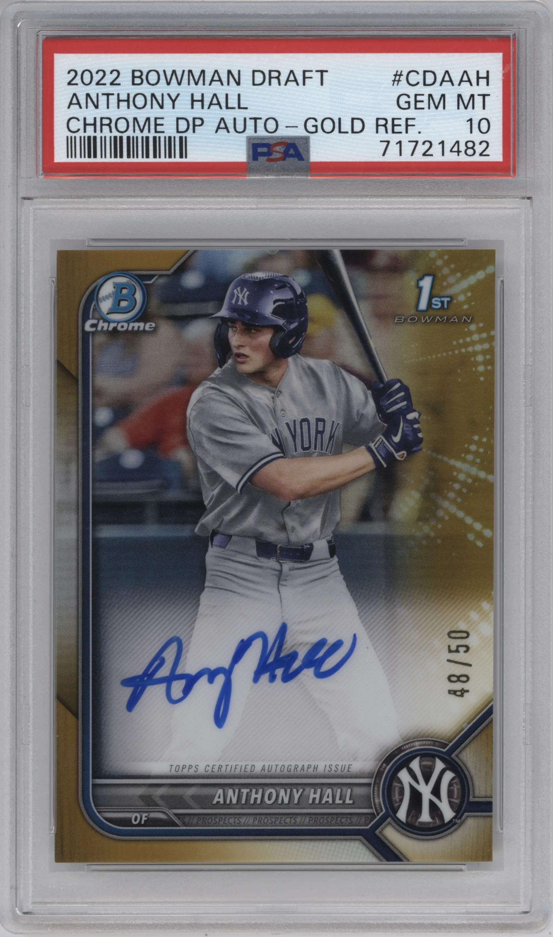 2022 Bowman Draft Chr.DP Auto Anthony Hall Gold Refractor PSA 10