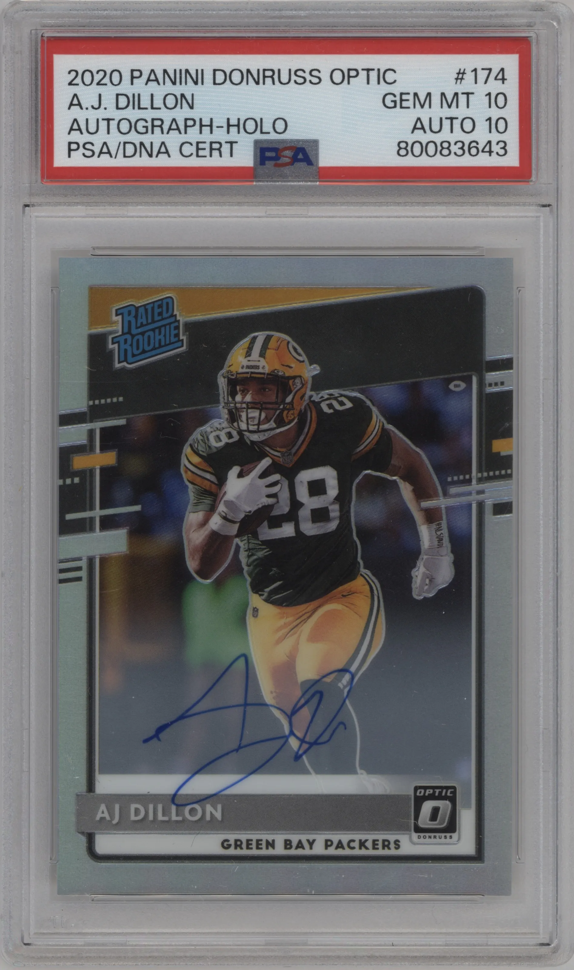 2020 Panini Donruss Optic Rtd.Rke.Auto AJ Dillon Holo #174 PSA 10