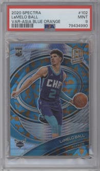 LaMelo Ball from the 2020-21 Panini Spectra set featuring a Asia Blue Orange parallel graded by PSA and given an overall grade of 9.