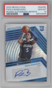 Paolo Banchero from the 2022-23 Panini Revolution  set featuring a Infinite parallel graded by PSA and given an overall grade of 10.