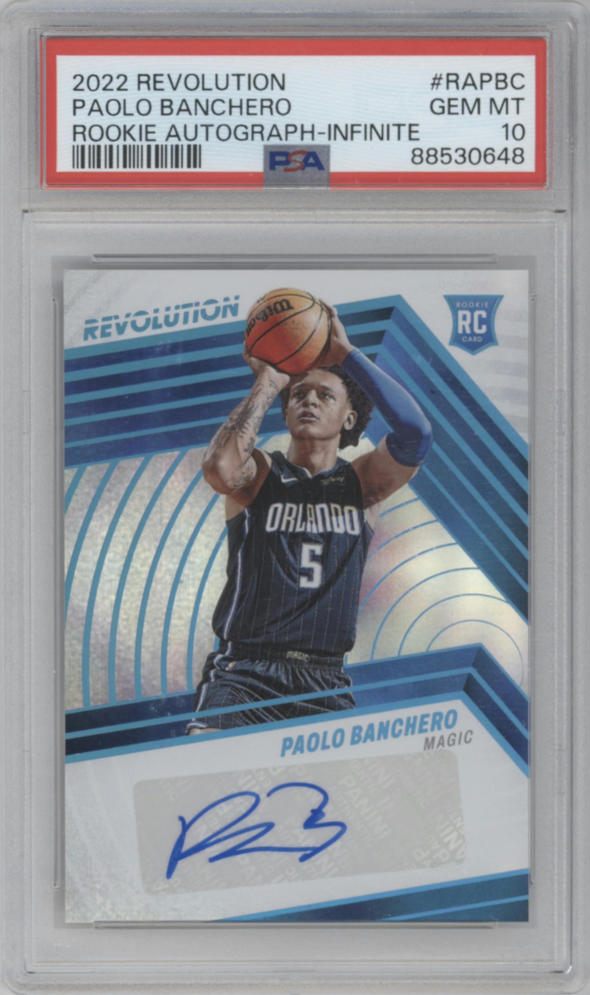 Paolo Banchero from the 2022-23 Panini Revolution  set featuring a Infinite parallel graded by PSA and given an overall grade of 10.