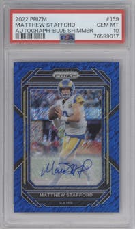Matthew Stafford from the 2022 Panini Prizm set featuring a Blue Shimmer parallel graded by PSA and given an overall grade of 10.