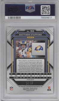 Matthew Stafford from the 2022 Panini Prizm set featuring a Blue Shimmer parallel graded by PSA and given an overall grade of 10.