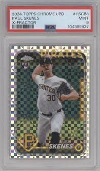 Paul Skenes from the 2024 Topps Chrome Update set featuring a X-Fractor parallel graded by PSA and given an overall grade of 9.