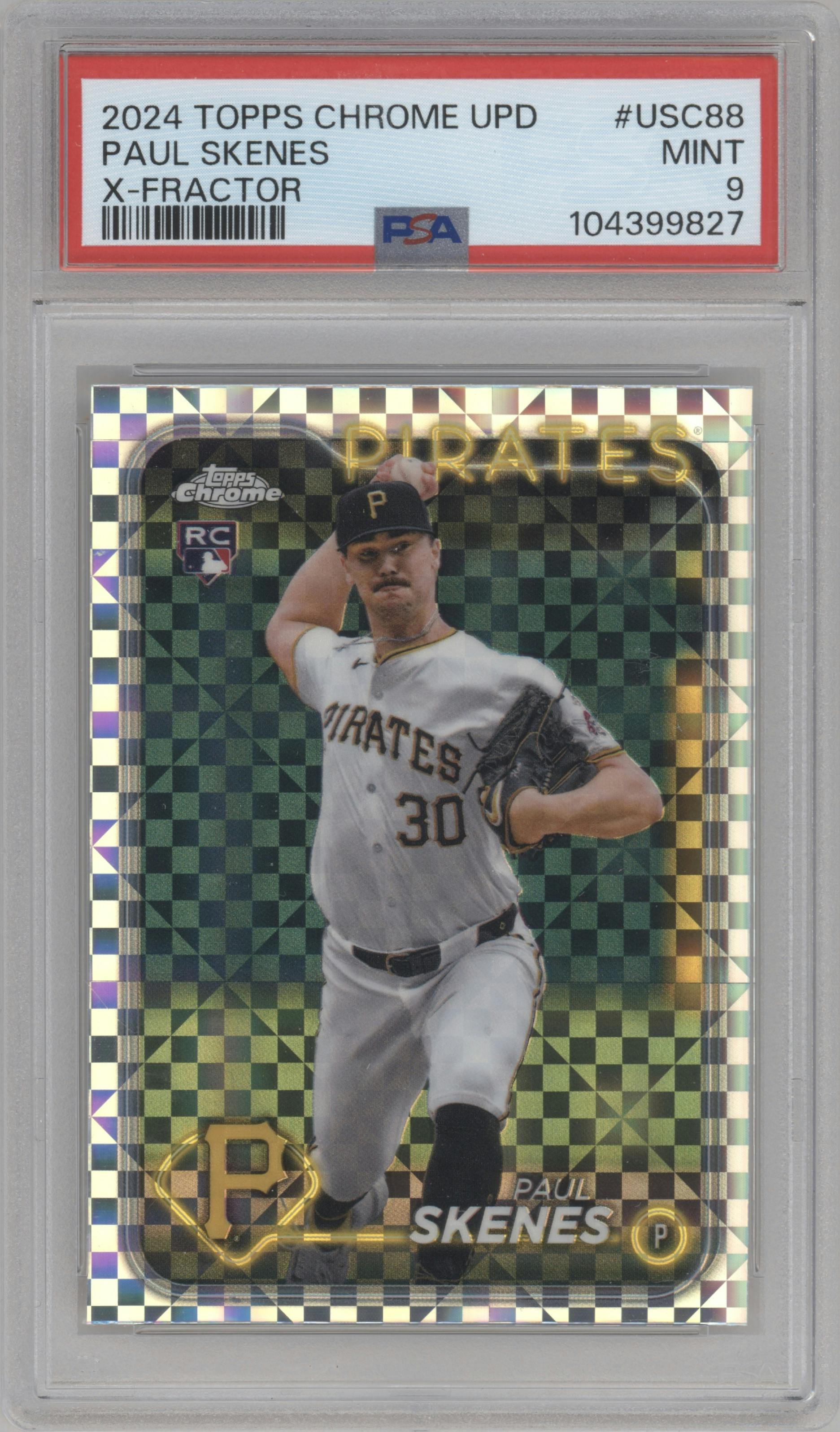 Paul Skenes from the 2024 Topps Chrome Update set featuring a X-Fractor parallel graded by PSA and given an overall grade of 9.