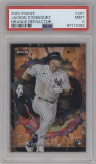 Jasson Domínguez from the 2024 Topps Finest set featuring a Orange Refractor parallel graded by PSA and given an overall grade of 9.