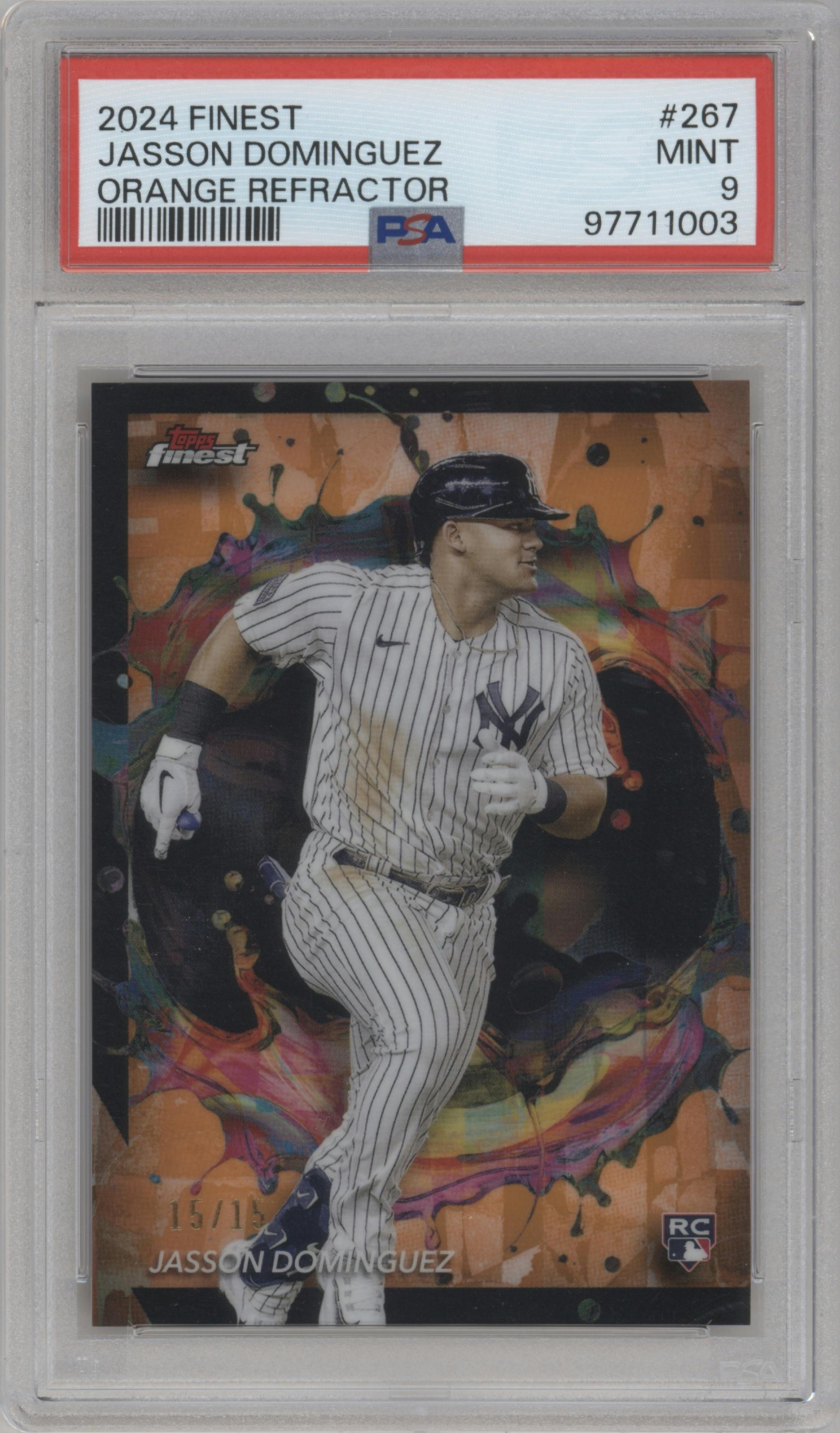 Jasson Domínguez from the 2024 Topps Finest set featuring a Orange Refractor parallel graded by PSA and given an overall grade of 9.