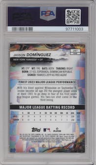 Jasson Domínguez from the 2024 Topps Finest set featuring a Orange Refractor parallel graded by PSA and given an overall grade of 9.