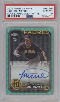 Jackson Merrill from the 2024 Topps Chrome set featuring a Aqua Wave Refractor parallel graded by PSA and given an overall grade of 10.