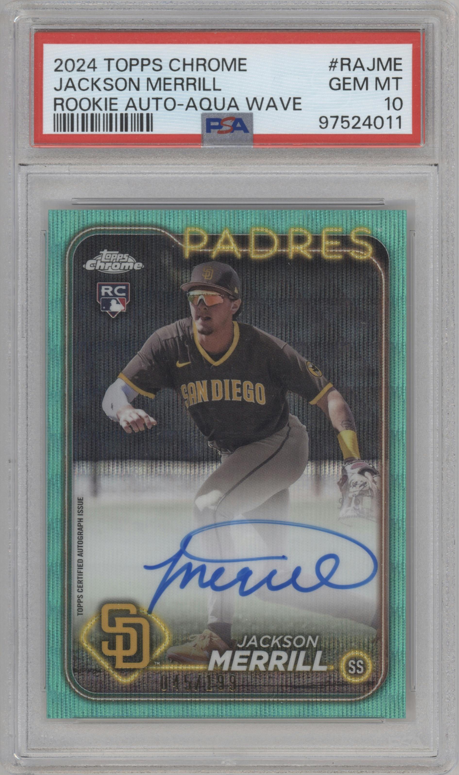 Jackson Merrill from the 2024 Topps Chrome set featuring a Aqua Wave Refractor parallel graded by PSA and given an overall grade of 10.