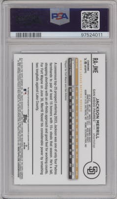 Jackson Merrill from the 2024 Topps Chrome set featuring a Aqua Wave Refractor parallel graded by PSA and given an overall grade of 10.