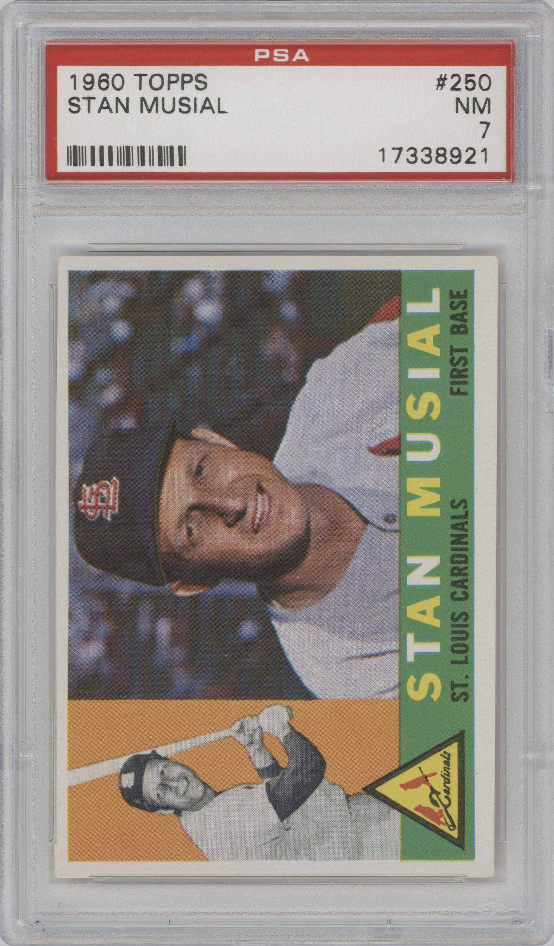Stan Musial from the 1960 Topps set graded by PSA and given an overall grade of 7.