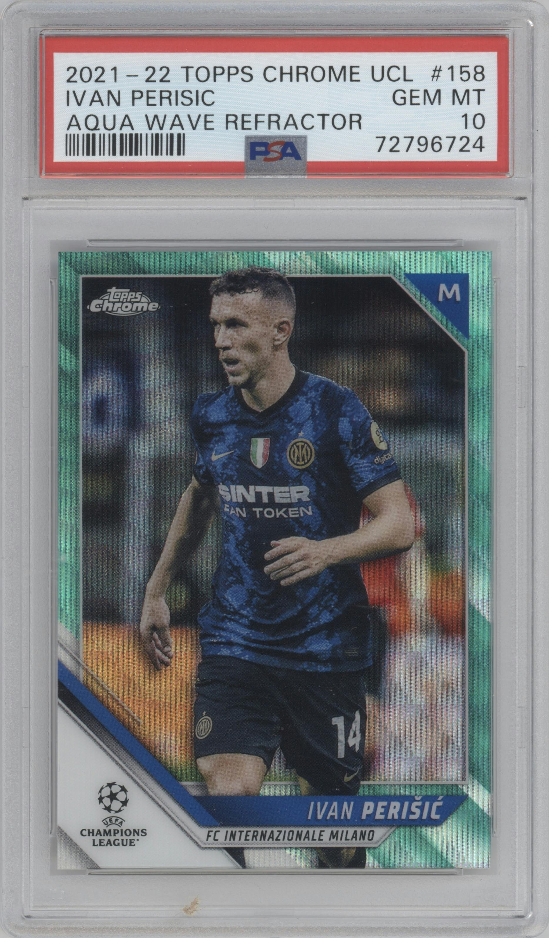 Ivan Perisic from the 2021-22 Topps Chrome UEFA Champions League set featuring a Aqua Wave Refractor parallel graded by PSA and given an overall grade of 10.