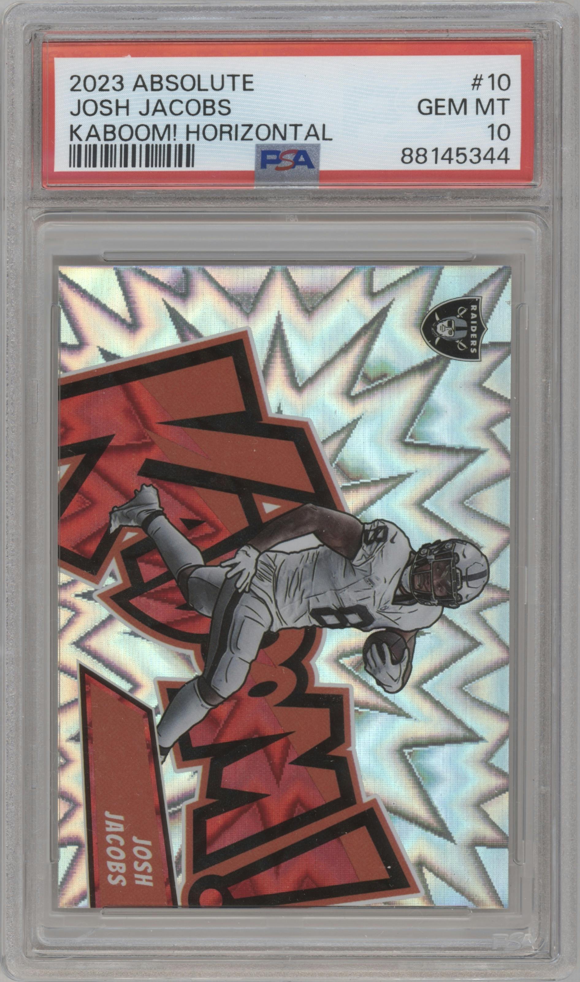 Josh Jacobs from the 2023 Panini Absolute set graded by PSA and given an overall grade of 10.