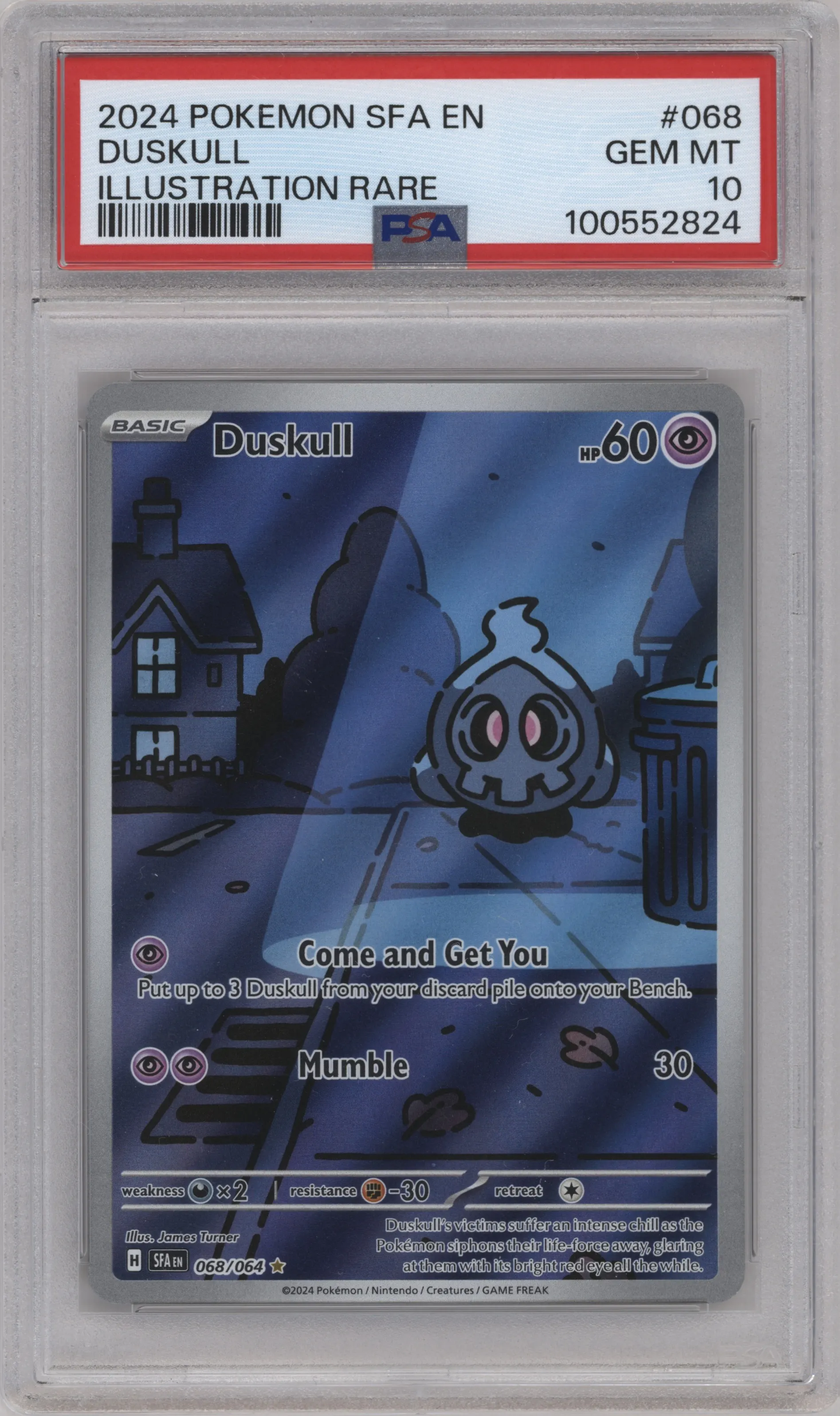 Duskull from the 2024 Pokemon SV set graded by PSA and given an overall grade of 10.