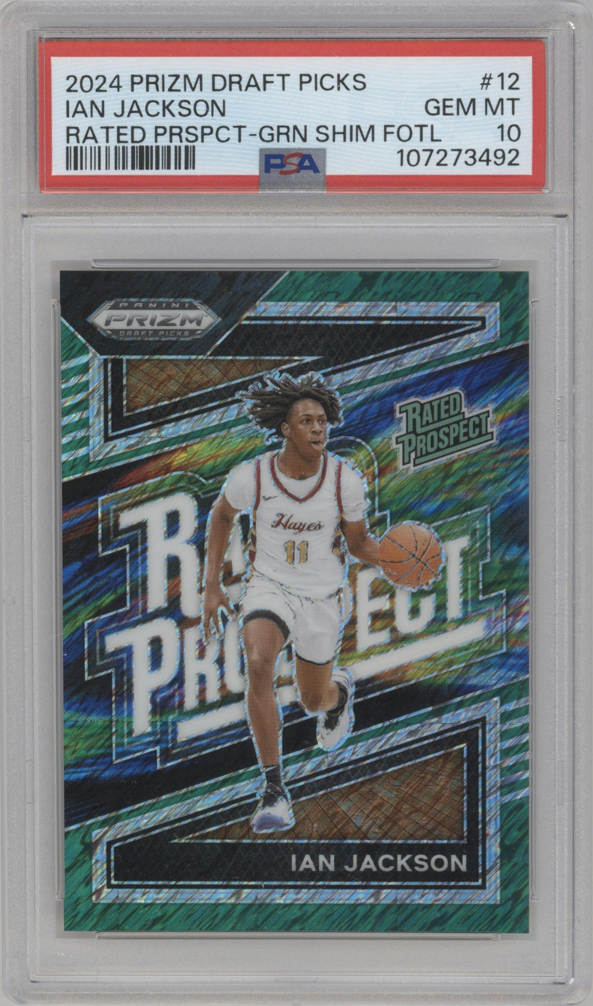 Ian Jackson from the 2024 Panini Prizm Draft Picks set featuring a Green Shimmer FOTL parallel graded by PSA and given an overall grade of 10.
