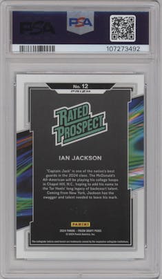 Ian Jackson from the 2024 Panini Prizm Draft Picks set featuring a Green Shimmer FOTL parallel graded by PSA and given an overall grade of 10.