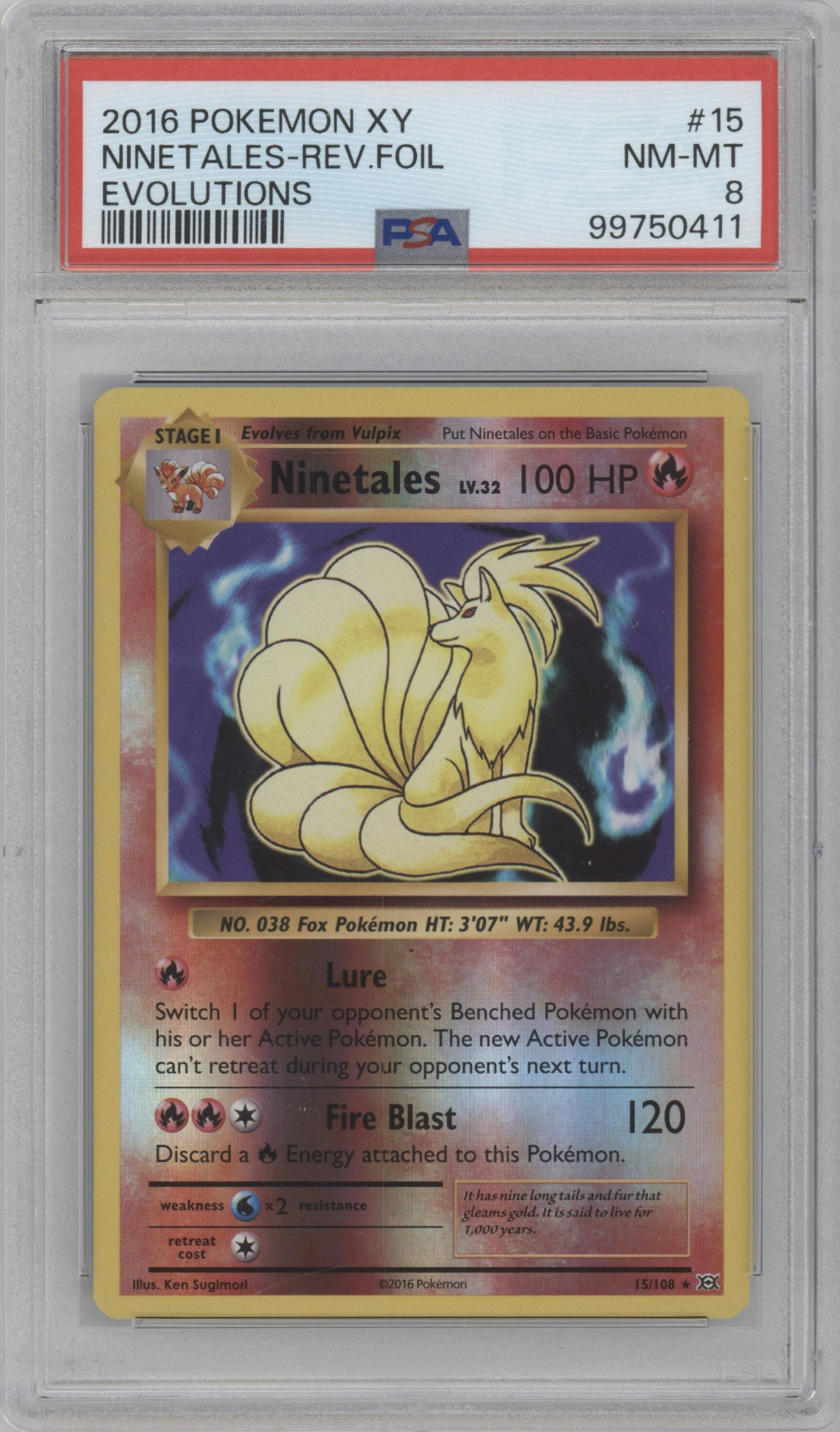 Ninetales from the 2016 Pokemon XY set graded by PSA and given an overall grade of 8.
