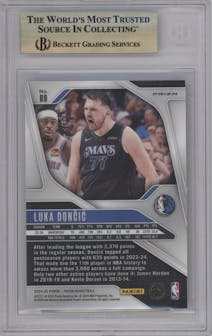 Luka Doncic from the 2024-25 Panini Prizm set featuring a Ruby Wave parallel graded by Beckett and given an overall grade of 9.5.