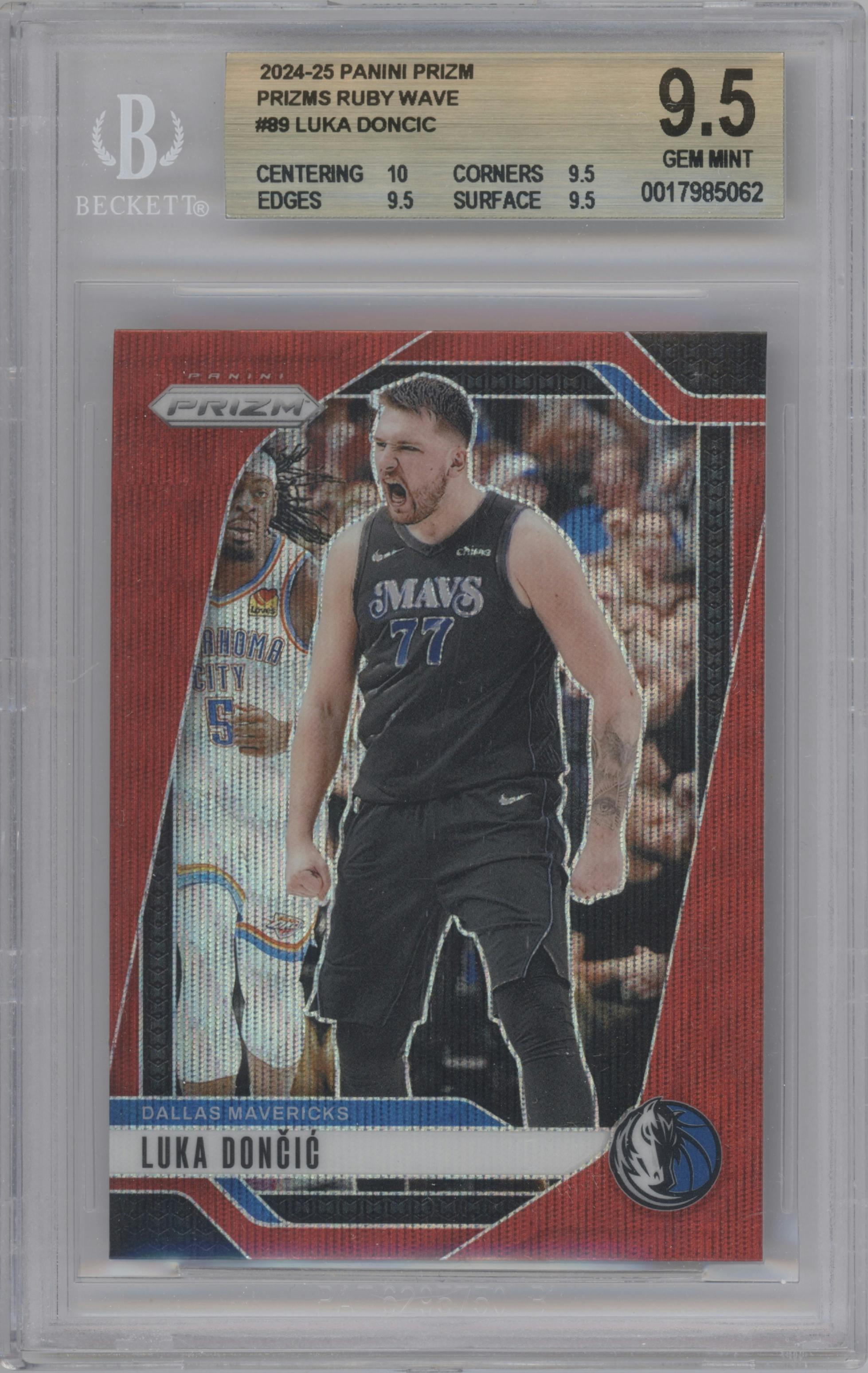 Luka Doncic from the 2024-25 Panini Prizm set featuring a Ruby Wave parallel graded by Beckett and given an overall grade of 9.5.