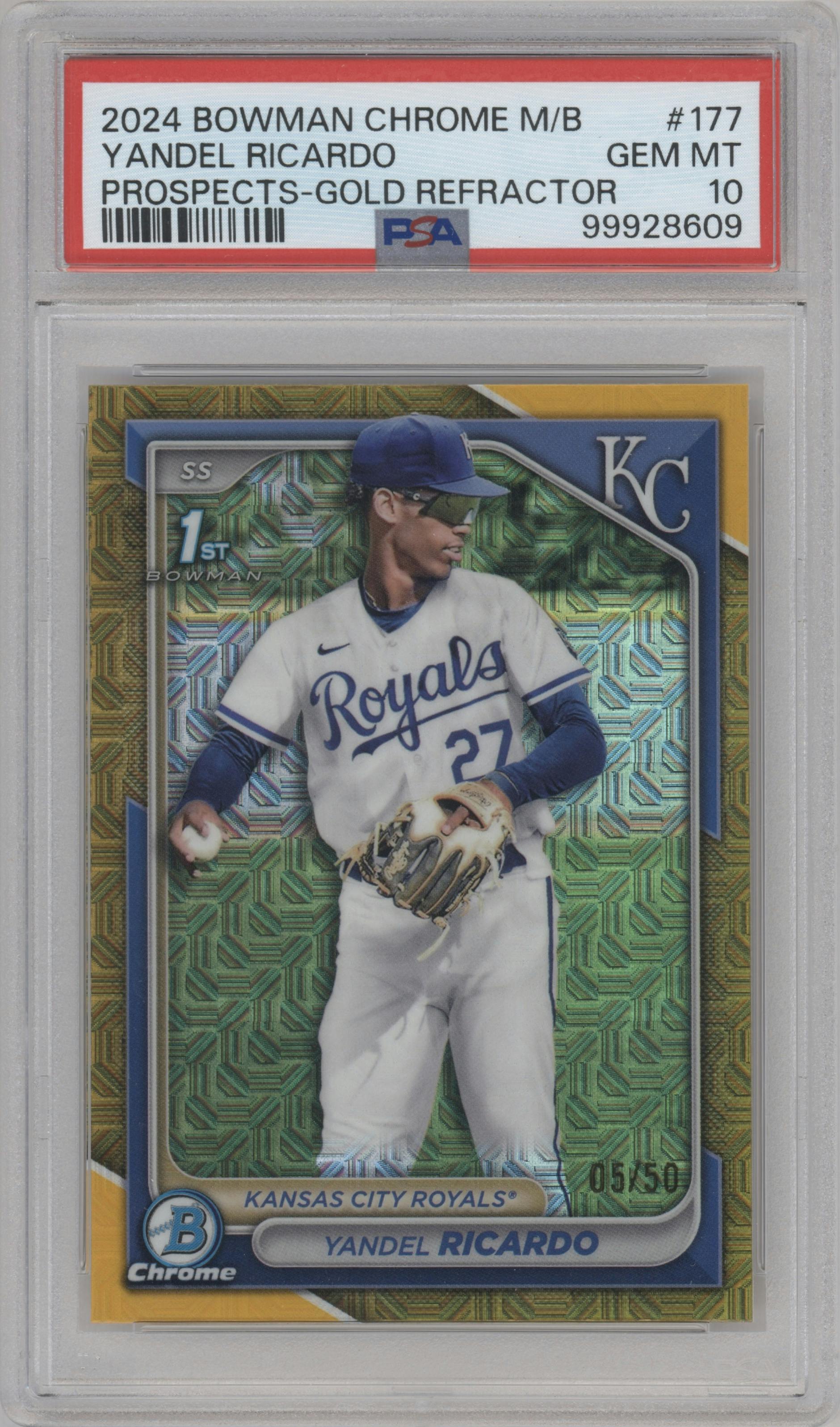 Yandel Ricardo from the 2024 Bowman Chrome Mega Box set featuring a Gold Refractor parallel graded by PSA and given an overall grade of 10.