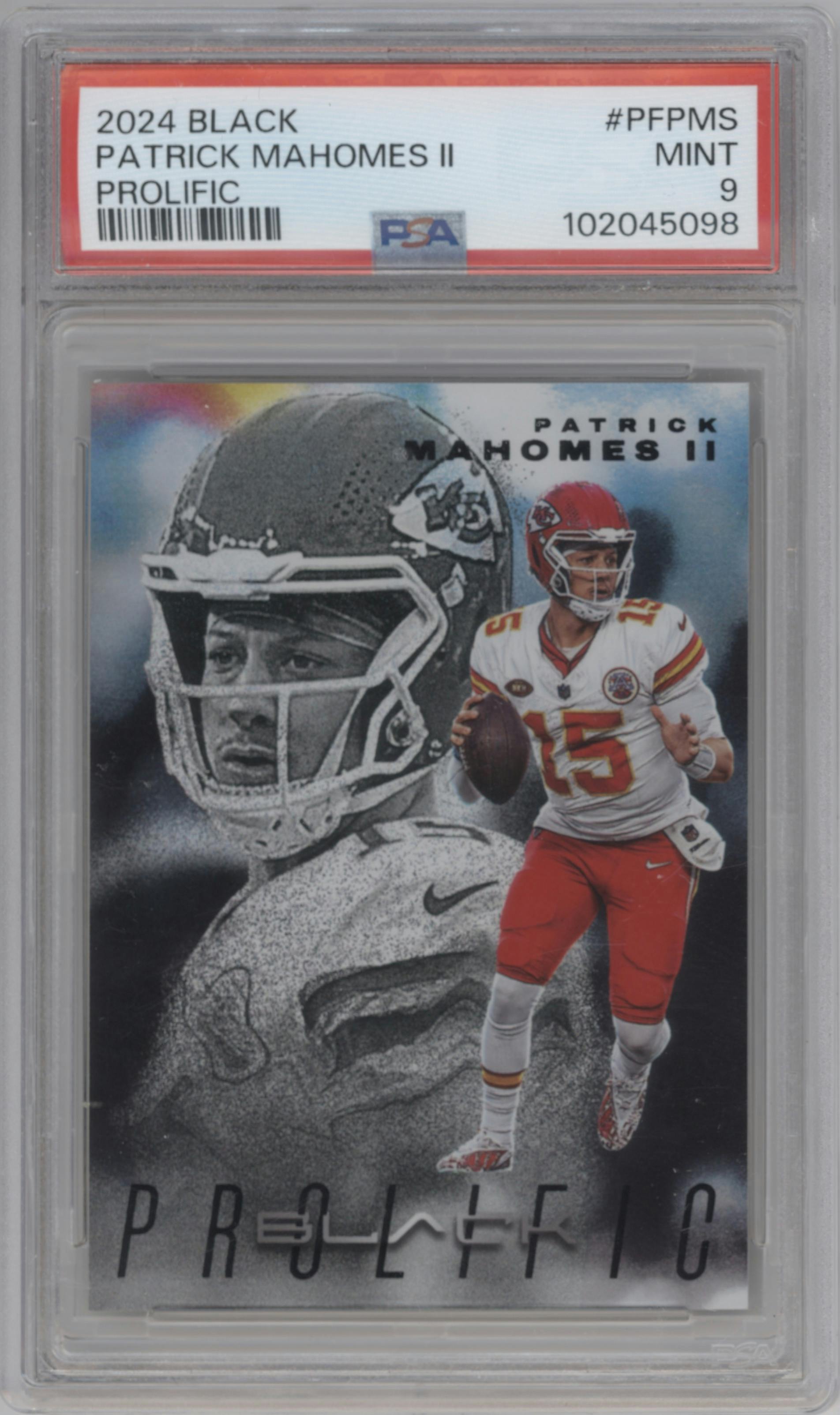 Patrick Mahomes II from the 2024 Panini Black set graded by PSA and given an overall grade of 9.