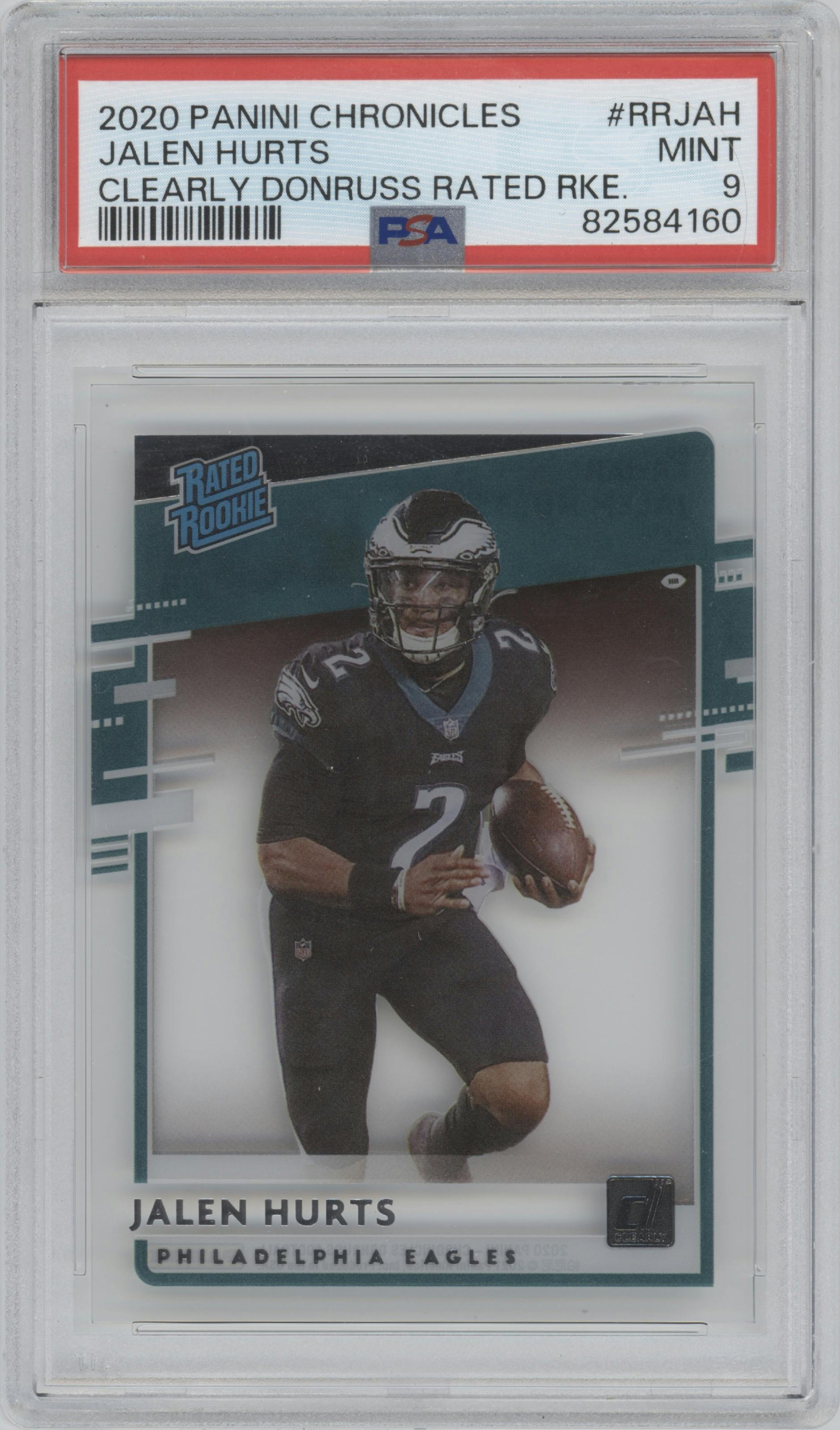 Jalen Hurts from the 2020 Panini Chronicles set graded by PSA and given an overall grade of 9.