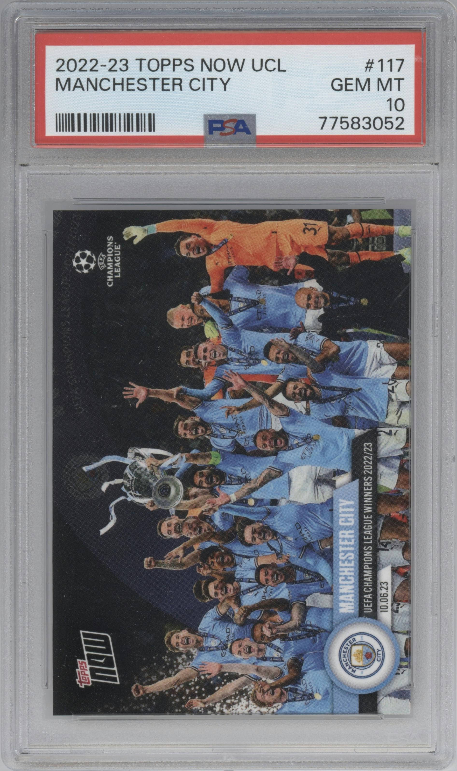 Manchester City from the 2022-23 Topps Now UEFA Champions League set graded by PSA and given an overall grade of 10.